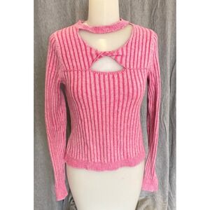 Willow Root Women Medium Knit Top  Pink Striped Cutout Keyhole Ribbed Sweater